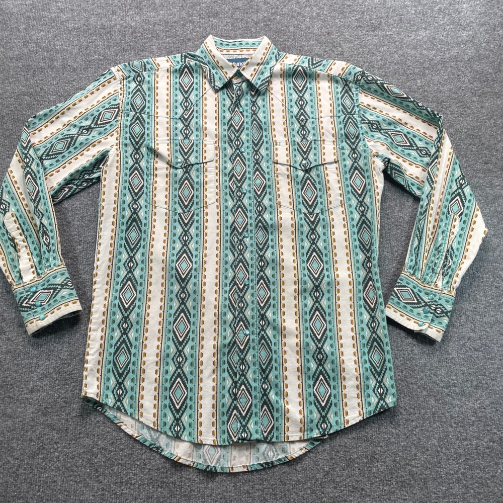 Wrangler Western Shirt Mens Small S Teal Aztec Geometric Pearl Snap Long Sleeve